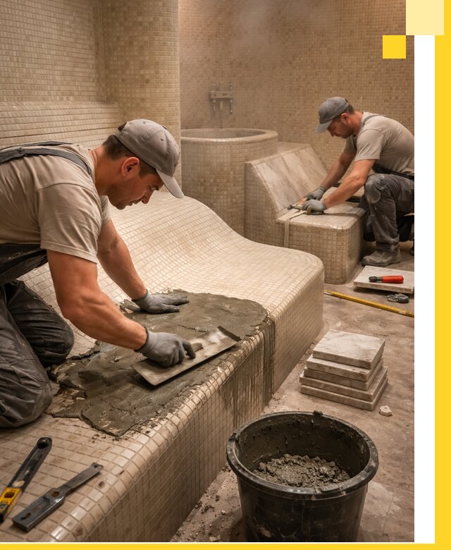 Лежаки для хамама под ключ в Нижнем Новгороде, проект и монтаж